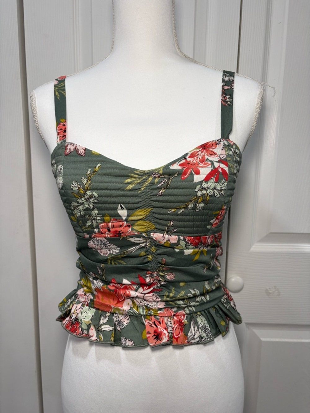 Floral Ruched Peplum Camisole - Green Floral